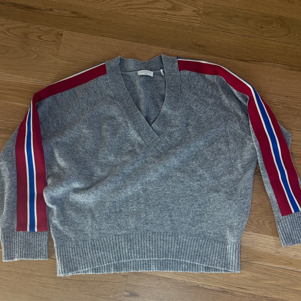 Sandro Gray V-Neck Sweater with Red and Blue Stripes Size 3/ large
